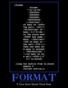 The format function, typeset in the styel of a beer-bottle, being used to format the full 99 bottles song